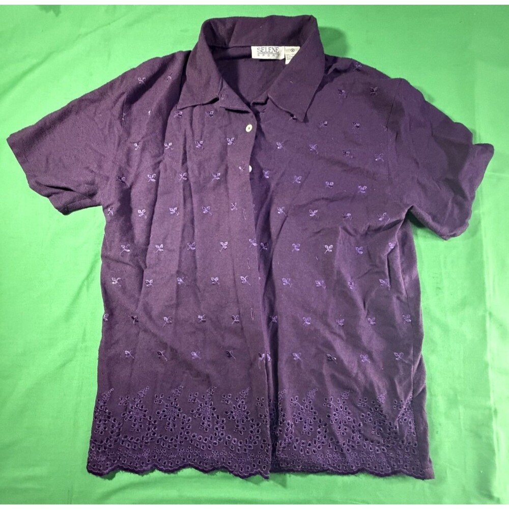 Selene Sport Women’s Purple Linen Blend Beaded Woven Button Up Shirt M